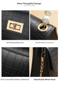 Detail of crocodile pattern leather with 360-degree rotating gold hardware and pearls