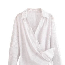 Women's casual striped long sleeve wrap shirt with adjustable waist tie and v-neckline