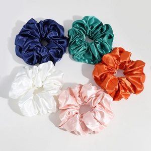 Set of 5 colorful silk satin scrunchies in blue, green, orange, pink and white silk texture