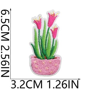 Macro shot of potted flower embroidery patch with 6.5cm height measurements