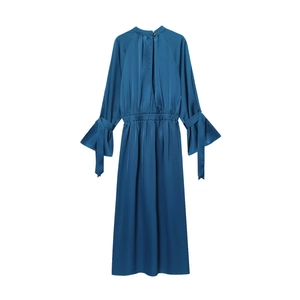 Peacock blue satin midi dress with high neck and tie-cuff bell sleeves on white background