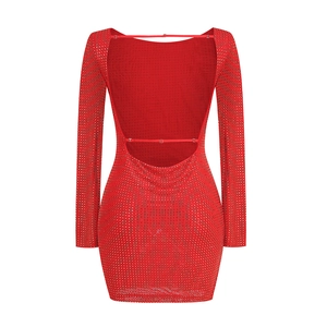 Detailed back view of a red rhinestone mini dress with backless design and long sleeves
