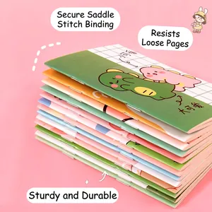 Stack of cute mini cartoon dinosaur notebooks with durable staple binding on pink background
