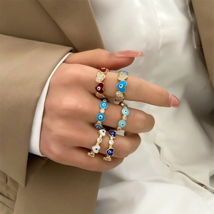Vintage evil eye open rings with colorful enamel and sparkling zircon on a gold band