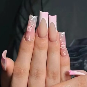 French Pink Gradient Press On Nails Long Coffin Fake Nails With 3D Resin Flowers And Rhinestone Artificial Pearl Decor For Women