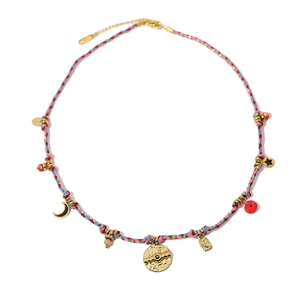 French vintage colorful braided necklace with 18K gold plated star and moon pendants