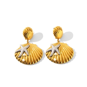 Boucles d'oreilles coquillages en acier bicolore avec étoiles de mer et perles