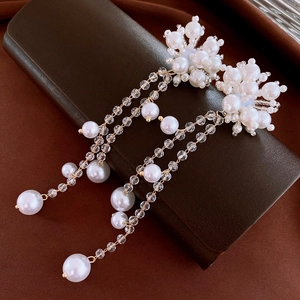 Floral Tassel Drop Earrings With Imitation Artificial Pearl Crystal Alloy And Silver Earring Post Elegant Wedding Jewelry For Women