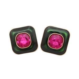 Orecchini vintage a perno quadrati in smalto verde con cristallo rosa e bordo oro