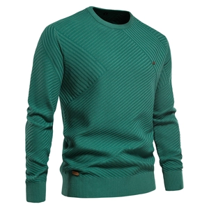 Men's dark green crew neck sweater with textured knit pattern and ribbed cuffs on white back