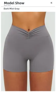 Detail of V-shaped high waistband on dark fog grey yoga shorts with ruched back
