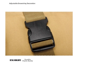Detail view of khaki tactical chest bag showing durable plastic buckle and adjustable nylon strap