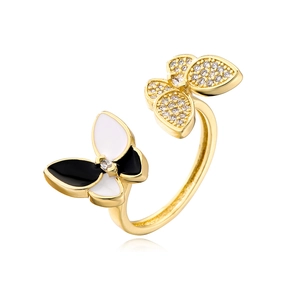 18K gold plated butterfly open ring with zircon inlay and black and white enamel detail