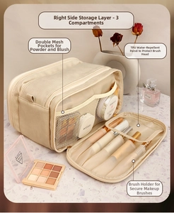 Detail view of large capacity makeup bag with TPU brush cover and mesh pockets