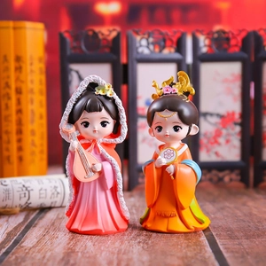 Traditional Chinese style Q-version female figurines with lute and fan ornaments