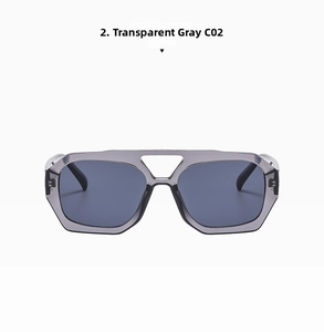 Flat lay of modern transparent grey aviator sunglasses with dark grey lenses and C02 code