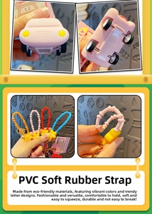 Detail view of flexible PVC car-shaped keychains with realistic wheels and vibrant colors