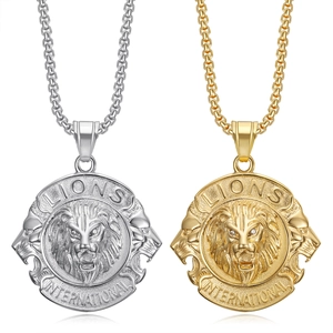 Hip hop gold and silver lion head necklaces with rhinestone eyes and embossed details