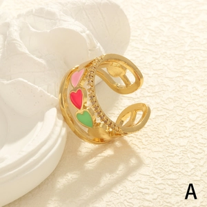 Three-layer gold ring with zircon stones and colorful enamel hearts in sweet modern style