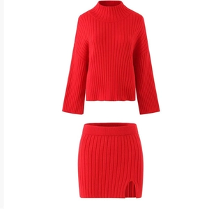 Women Ribbed Knit High Neck Long Sleeve Sweater And Side Slit Mini Skirt Streetwear Clothing Solid Color Elegant