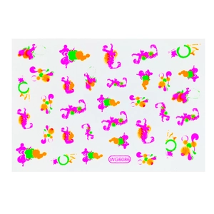 Detailed close-up of fluorescent nail art stickers with pink and green floral patterns