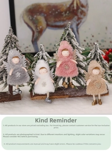 Detailed view of plush angel ornaments with sequin wings and faux fur outfits for Christmas