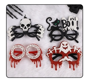 Assorted Halloween glitter glasses including skull, bloody eyeball, and ghost styles