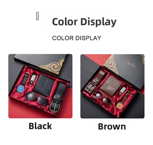 Business gift set for men featuring a watch, wallet, belt, sunglasses, and keychain