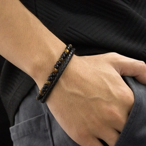Men's set of black braided leather bracelet and red tiger eye beaded jewelry