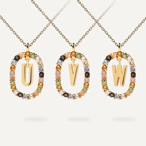 Chic S925 silver gold-plated oval letter necklaces with colorful cubic zirconia