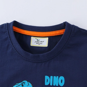 Dark blue dinosaur graphic cotton t-shirt for kids with round neck and orange trim