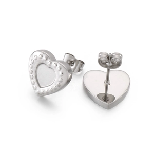 Detailed view of silver stainless steel heart earrings with beaded edges and secure backs