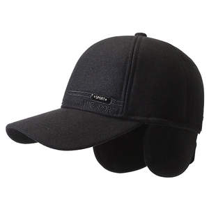 Black winter baseball cap with ear protection flaps and warm fleece lining for outdoors
