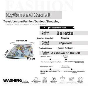 Detailed size specifications for a floral denim beret with 56-61cm circumference guide