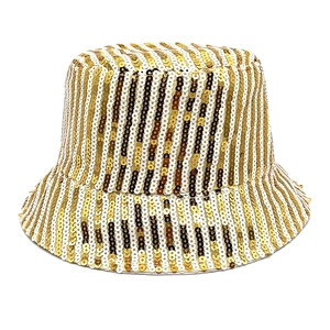 Detailed view of the gold and white vertical striped sequins on a festive bucket hat