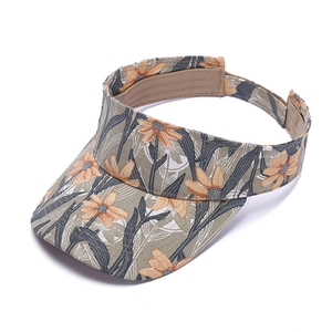 Detail shot of breathable cotton sun visor with vibrant orange floral print patterns