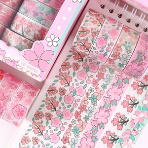 Pink cherry blossom washi tape set with floral patterns for scrapbooking and DIY crafts