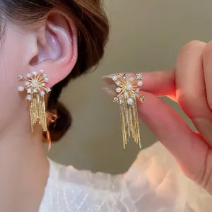 Fireworks Flower Tassel Earrings With Zircon Imitation Artificial Pearl And 925 Sterling Silver Earring Post Elegant Long Drop For Women