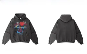 Vorder- und Rückansicht des punkigen gewaschenen schwarzen Baumwoll-Hoodies mit Herz-Print