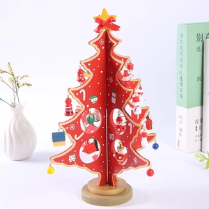DIY red wooden Christmas tree tabletop ornament with colorful miniature hanging charms