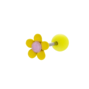 Detail of yellow flower stud earring with pink gemstone and neon ball back screw
