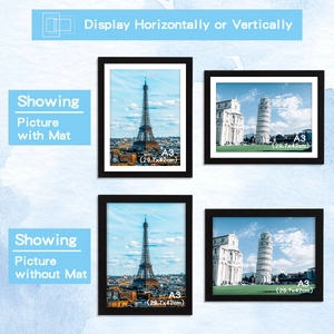 A3 black minimalist PVC photo frame showing 29.7x42cm dimensions and mat options