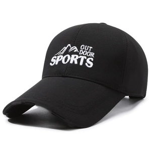 Casquette de baseball de sport noire avec bord allongé et broderie montagne blanche
