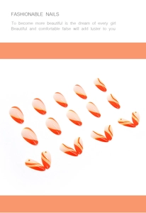 Détails de faux ongles amande avec motifs ondulés orange vif et rose nude élégants