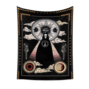 Bohemian tarot tapestry with black hooded skeleton and celestial sun moon patterns