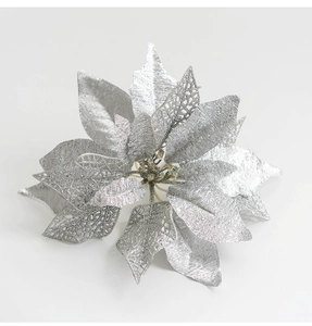 Detailed view of a silver artificial Christmas flower with glitter mesh petals for decor