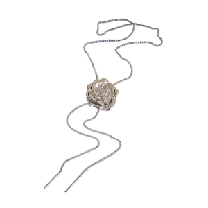 Silver metallic 3D rose flower pendant necklace with adjustable chain on white background
