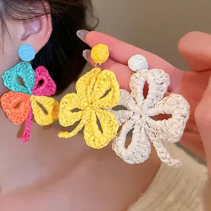 Bohemian Flower Raffia Grass Woven Earrings With Silver Earring Post Four-Leaf Clover Vacation Exaggerated Jewelry For Women