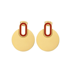 Minimalist gold stainless steel round drop earrings with red enamel for women