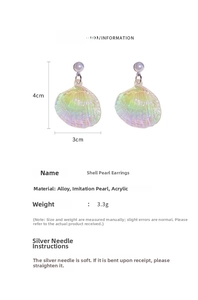 Detail showing dimensions of iridescent shell pearl earrings measuring 4cm by 3cm